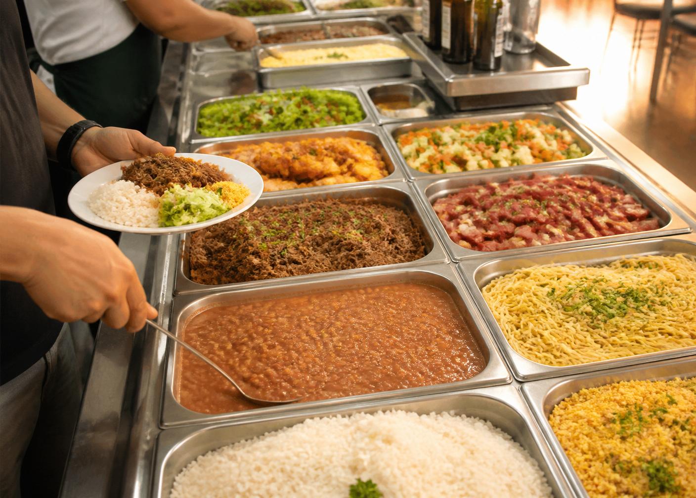 Self-service do Restaurante Fantástico com arroz, feijão, carnes, saladas e massas